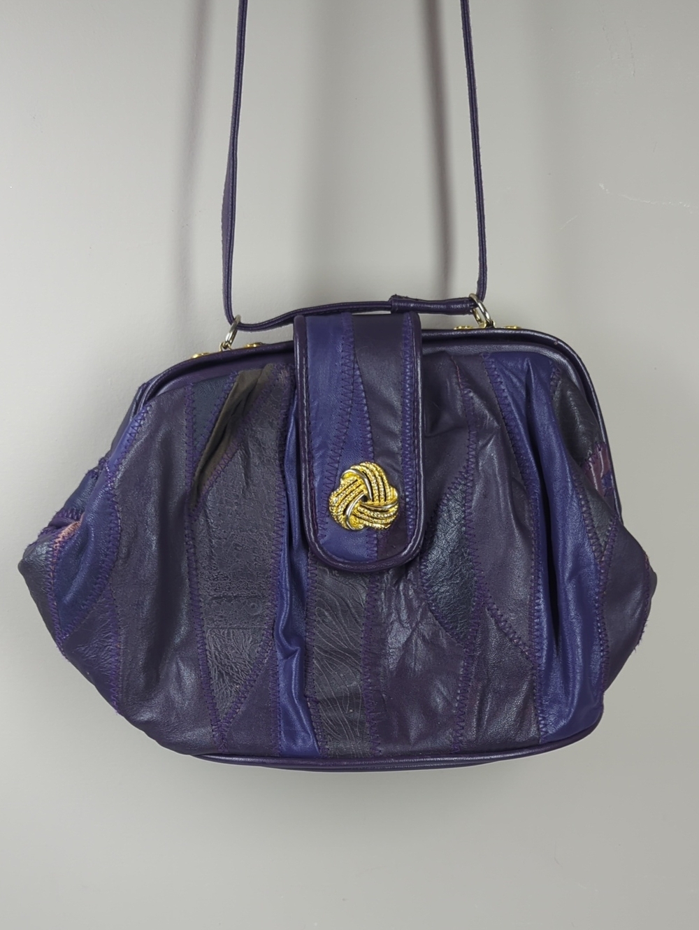 Vintage patchwork Women's Purple Leather Shoulder Bag with Gold Accent